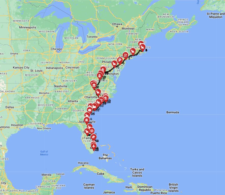 Map for Boston to Miami - Discover Americas East Coast